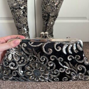 Velvet Black and Silver Sequin Embroidered Clutch/Crossbody Bag